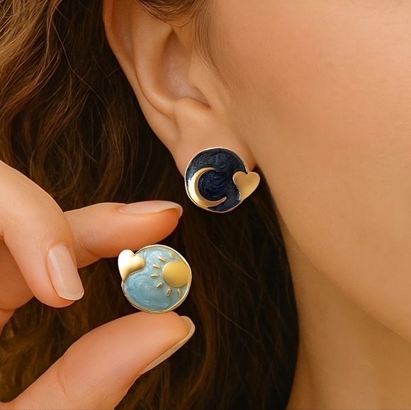 ποΈMinimalist Sun & Moon Enamel Earrings | 925 Silver Posts | Vintage Style ππ - Picture 3 of 10